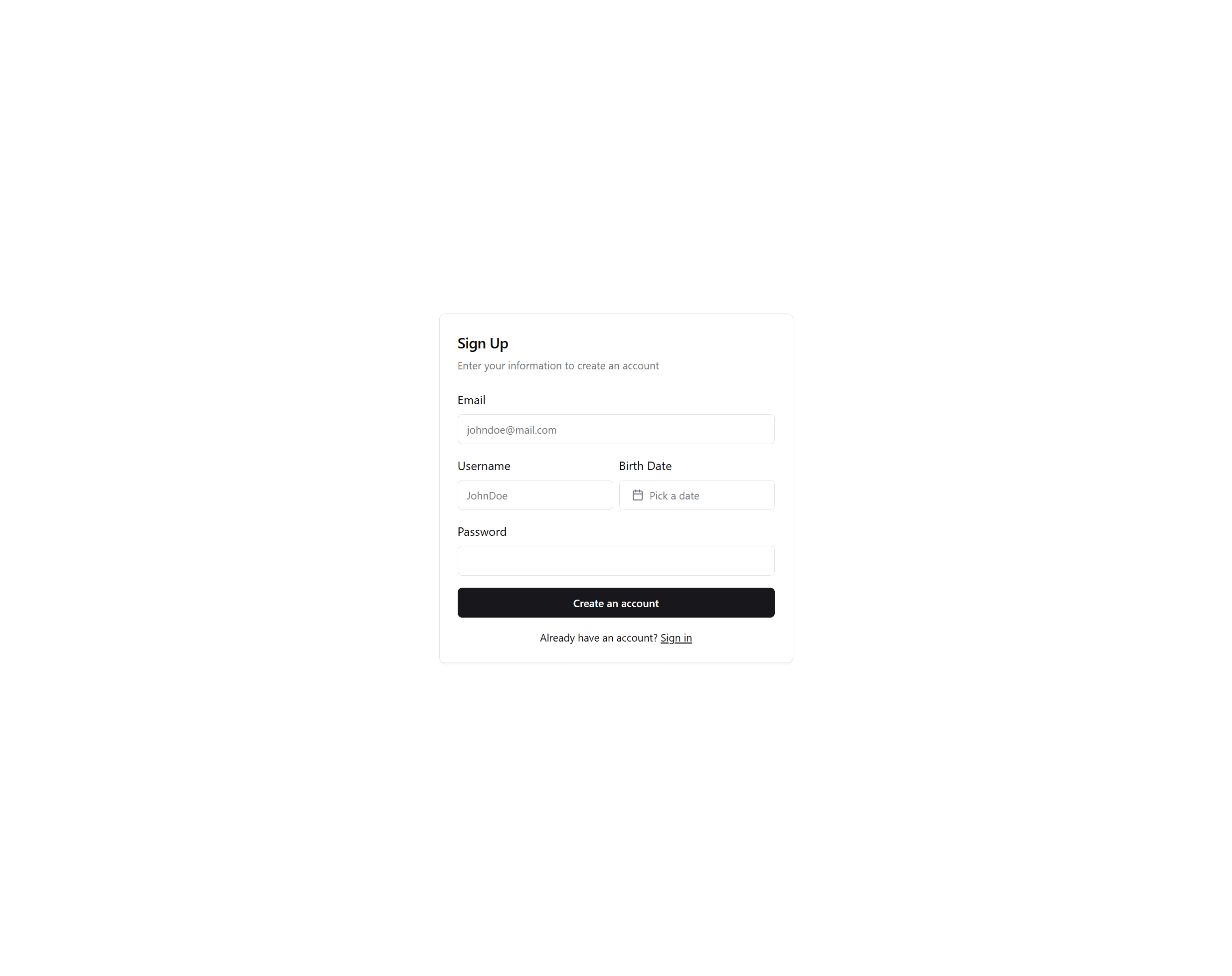 The signup page design for the auth system.